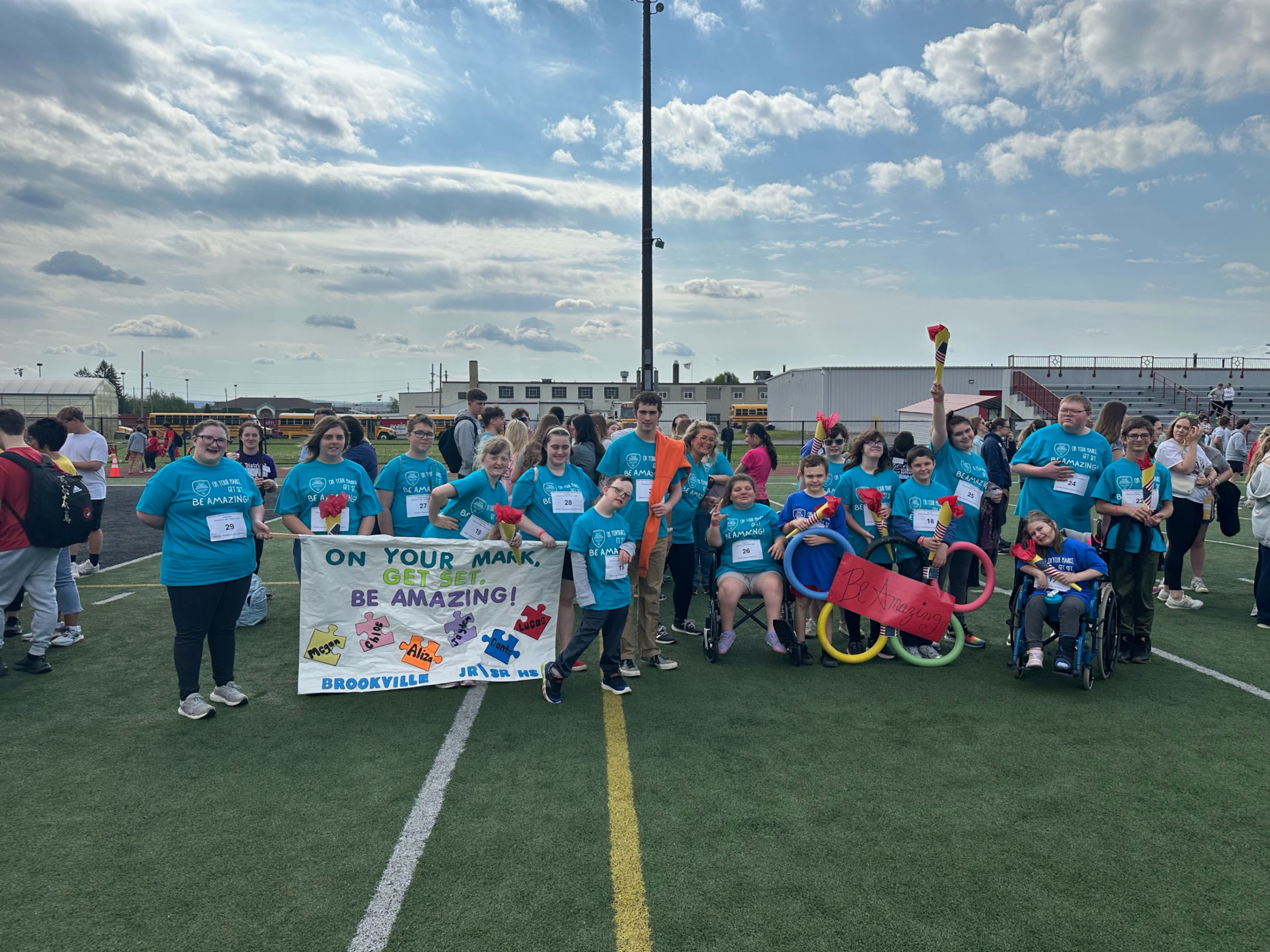 BASD participants in the Special Olympics pose for a group photo on the football field in DuBois.